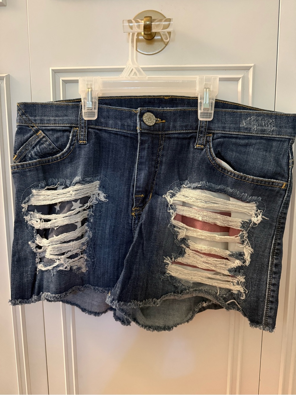 Rock and Republic Distressed Denim Shorts with American Flag Inset